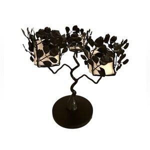 Pier 1 Black Metal Tree Branch And Leaf 3 Candle Holder With 3 White Candles